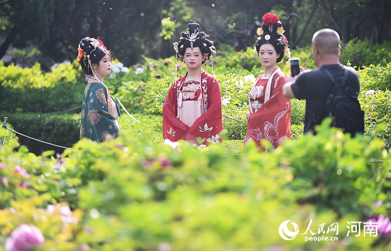 河南省洛陽市にある中国国花園のボタン観賞エリアで記念撮影する漢服姿の観光客（撮影・尚明楨）。
